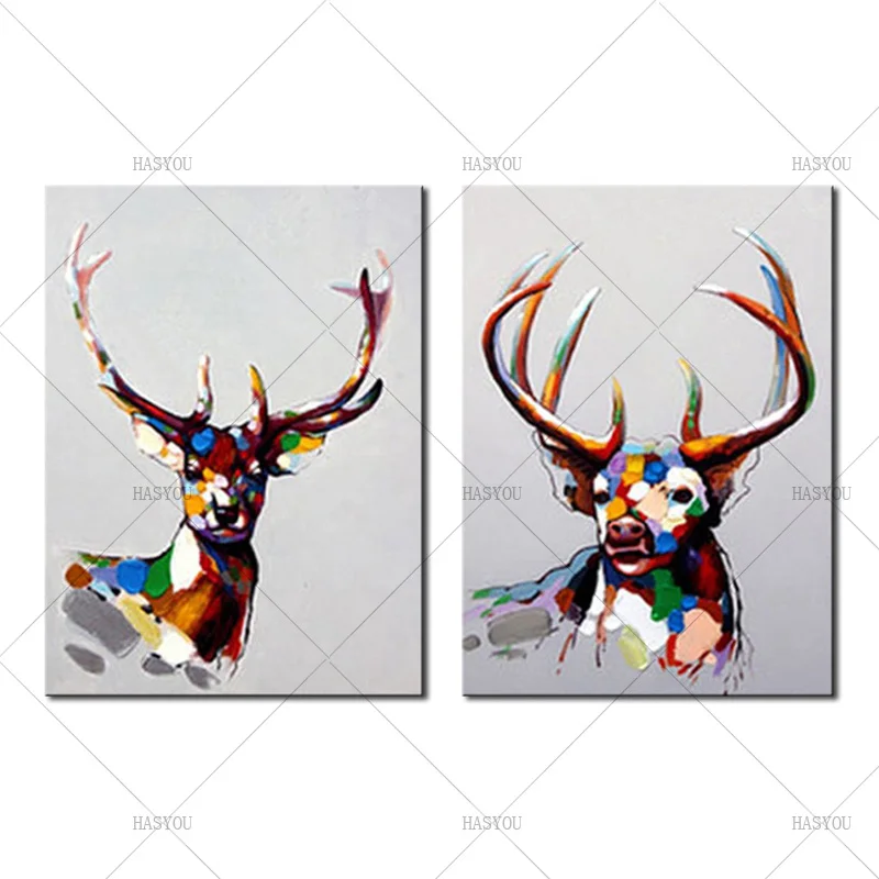 Modern Abstract Oil Painting Animal Art Pictures Set Handpainted Colorful Lovely Deer Canvas For Home Decoration Living Room | Дом и сад