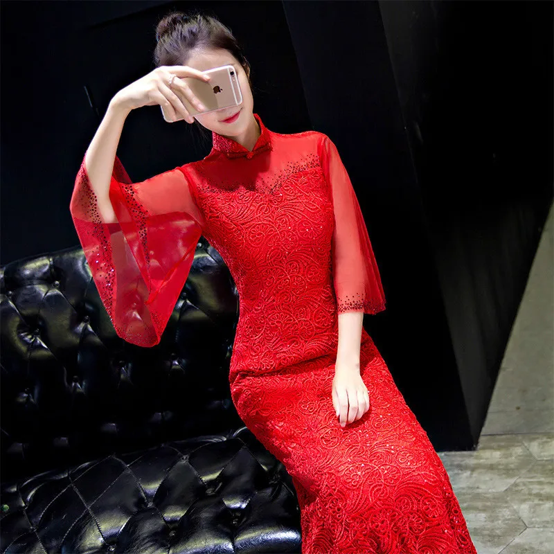 Длинное китайское свадебное платье для женщин модное вечернее Qipao в традиционном