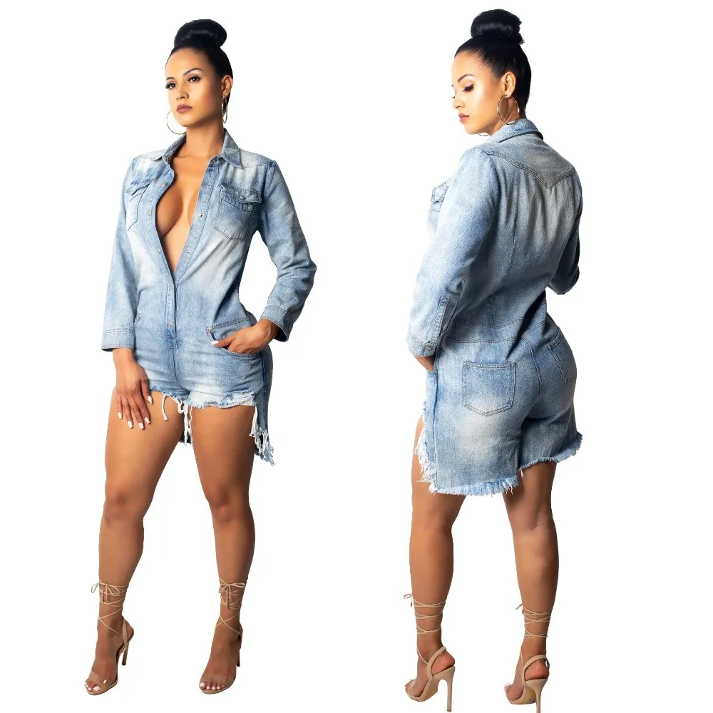 

Light Cow Denim Color Women Autumn Playsuits Full Sleeve Women Jumpsuits