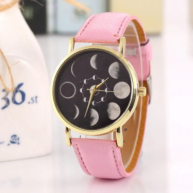 Солнечные Moon Phase лунные часы Eclipse женские стильные кварцевые часы с кожаным браслетом часы для женщин часы Relogio masculino - Цвет: pink