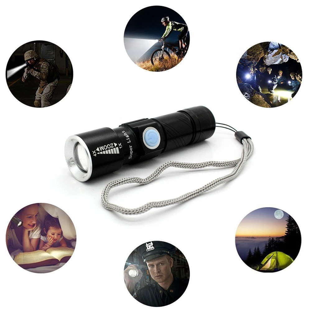 DONWEI Mini USB зарядное устройство Q5 светодиодный фонарь 3 режима регулируемый масштабируемый фонарик для путешествий, кемпинга, велоспорта с ремешком