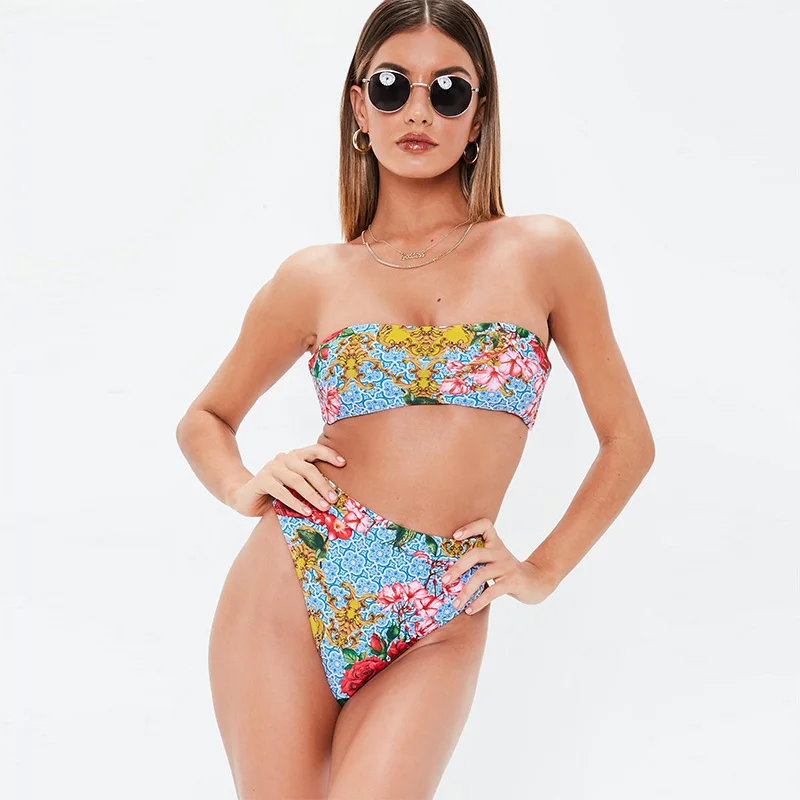 Sexy Floral Bikinis 2019 Brazilian Mononiki Print Thong Biquini High Cut Swimwear Women Bandeau Swimsuit Female Bathing Suit | Женская