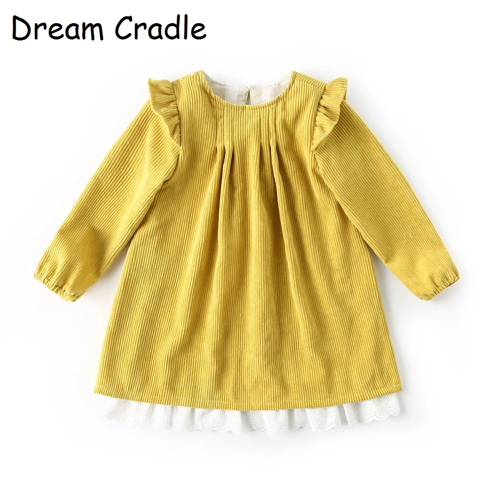 Dream Cradle/2019 Spring Autumn Corduroy Baby Girls Dress/Mustard Yellow Frocks Girl | Детская одежда и обувь