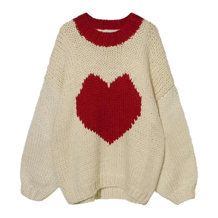 2019 autumn and winter new fashion pure hand-woven peach heart color thick needle lantern sleeve sweater | Женская одежда