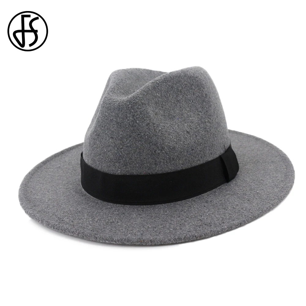 

FS Wool Gray Black Fedora Hat Classical Wide Brim Hat Men Women Vintage Top Jazz Hat Bowler Sombrero Felt Cap With Ribbon