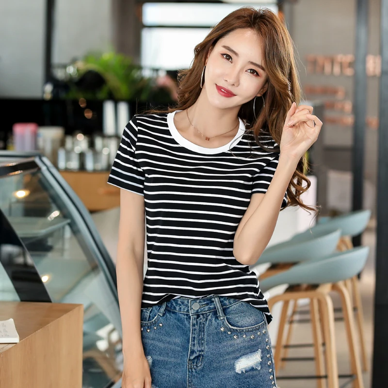 Корейская футболка в полоску Новинка весна лето 2019 Женская Офисная с круглым