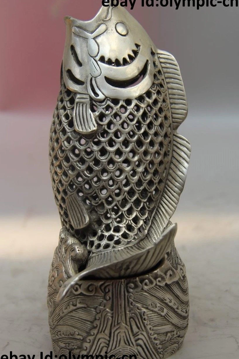

8" China Buddhism Tibet Silver Carved Fish Incense Burner Censer Statue