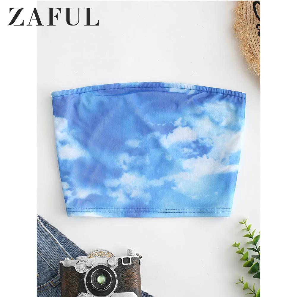 ZAFUL Tie Dye Cropped Bandeau Top Strapless Short Shirt Summer Camis Crop Tops Sky Print Streetwear Women Clothes 2019 | Женская одежда
