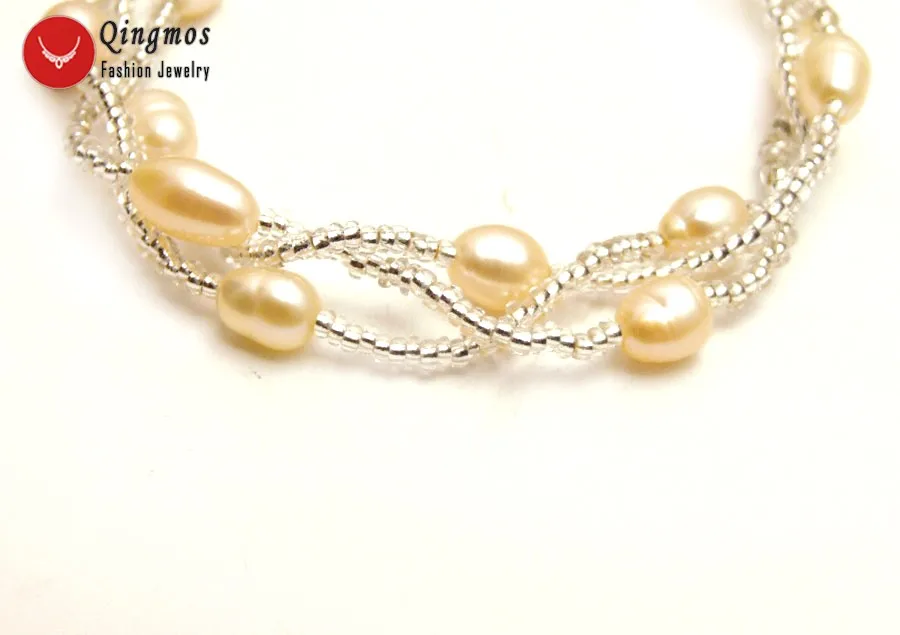Qingmos Natural Pearl Bracelet for Women with 5-6mm Pink Rice &amp Crystal Handwork Weave 3 Strands Jewelry bra432 | Украшения и