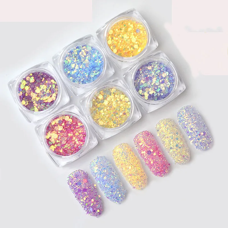 6 Box Sun Light UV Sensitive Changing Color Mixed Size Flakes Glitter Powder Manicure 3D nail design holographic glitter | Красота и