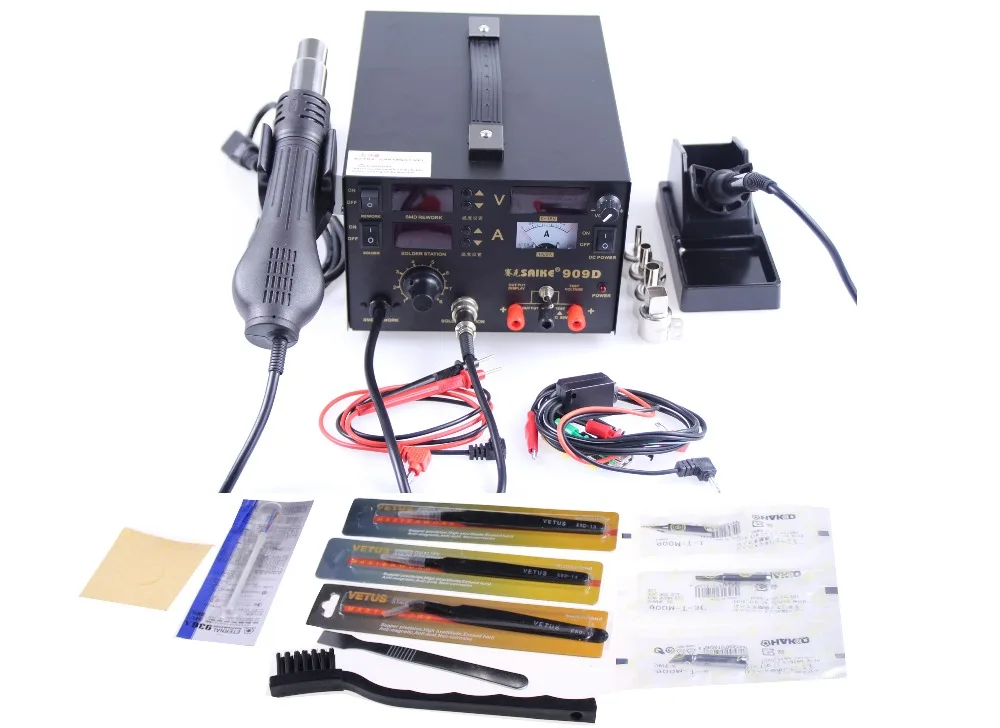 

Free shipping saike909d 3in1 soldering station&hot air gun 110V or 220V Saike 909D Solder Iron Soldering Station + Power Supply