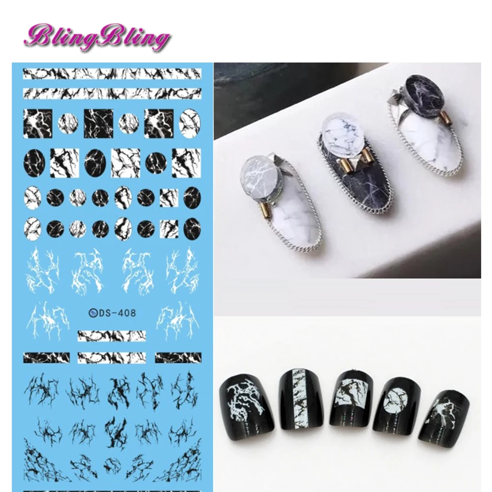 Blingbling 2 шт. Мрамор ногтей Вода Переводные картинки Трансфер наклейки Harajuku черный