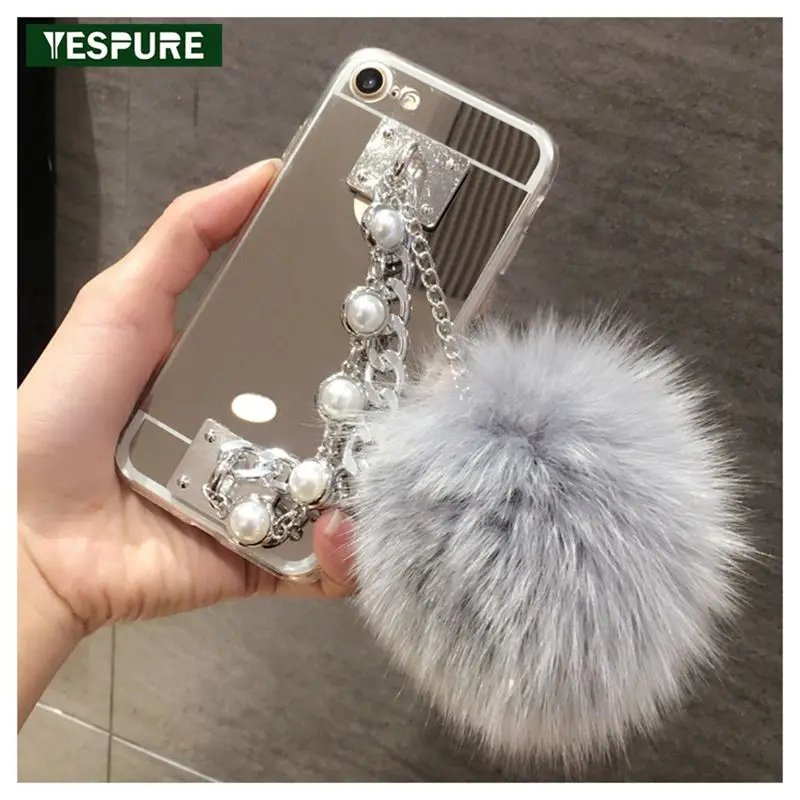 YESPURE необычное зеркало с меховым шариком для Iphone 6/6S металлический браслет из