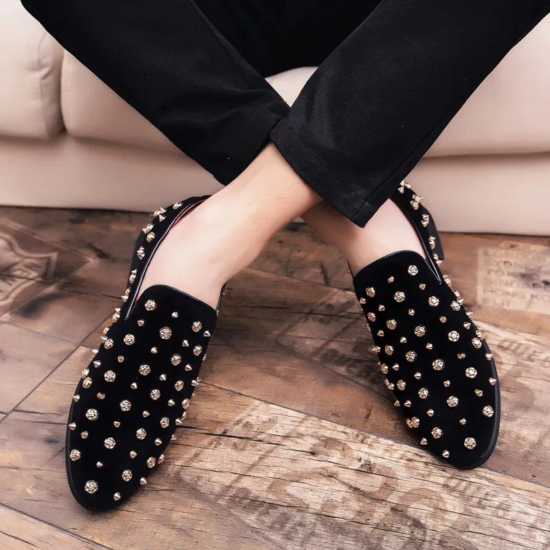 Rivet Black Men Loafers Flock Italian Shoes Casual Wedding Party Men's Flats Luxury Brand Slip on Footwear | Обувь