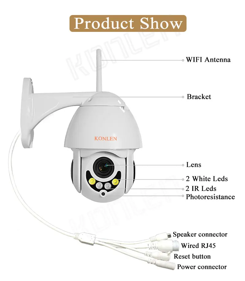 Konlen 5X Оптический зум купольная PTZ Ip Камера на открытом воздухе 1080P 2MP Full HD экшн-камера с Wi-Fi для Iphone и Ipad, камеры видеонаблюдения CCTV; Аудио Водонепроницаемый