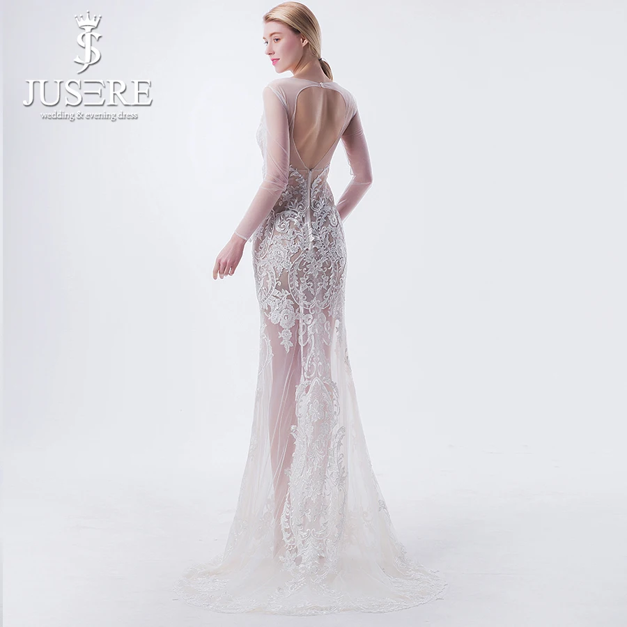 JUSERE Real Photos Illusion Sexy V Neckline Open Back Long Sleeves Mermaid Wedding Dresses with Cape Bridal Gowns 2019 | Свадьбы и