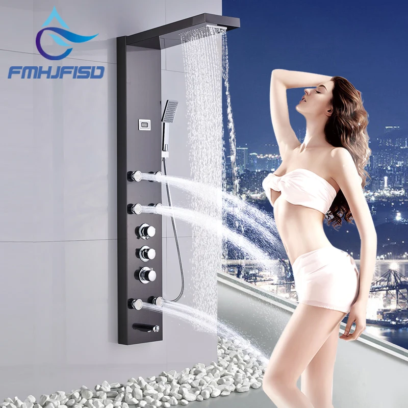 

Stainless Steel Shoewr Panel Thermostatic Shower Column Tub Tap Jets ABS Hand Shower Rainfall Bathroom Shower Faucet