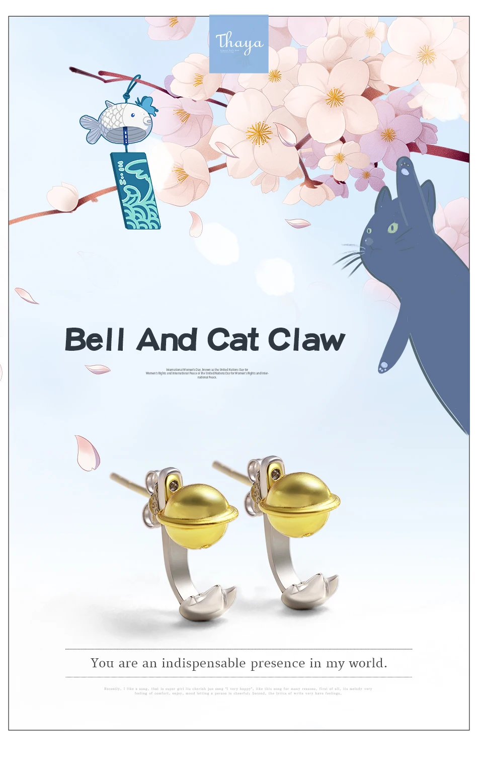 Серьги-гвоздики Thaya Bell And Cat, милые когти, S925 Серебряные креативные серьги для девочек, ювелирное изделие, подарок