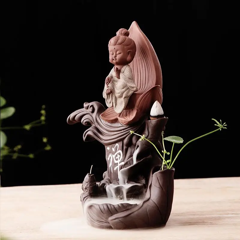 

Zen Buddha Backflow Incense Burner Incense Cone Sticks Holder Home Decor Purple Sand Ceramic Little Monk Aroma Stove Fish Vase