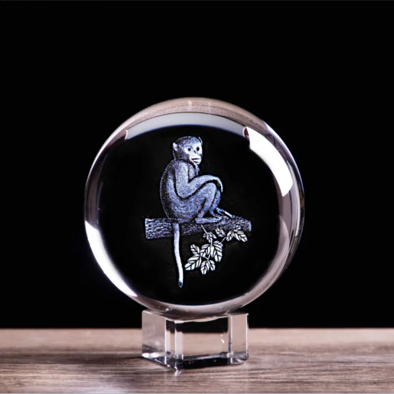 

3D Laser Engraved Chinese Zodiac Crystal Ball Feng Shui Home Office Deocr Craft Miniature Collectible Monkey Figurines with Base