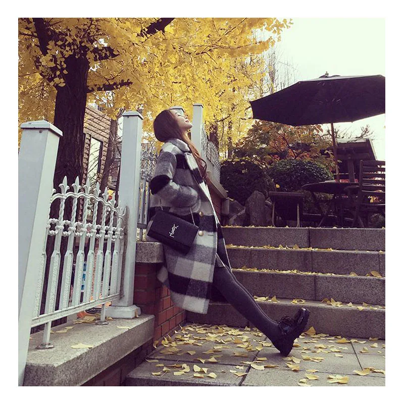 Женский кашемировый тренчкот повседневное черно-белое клетчатое пальто теплые