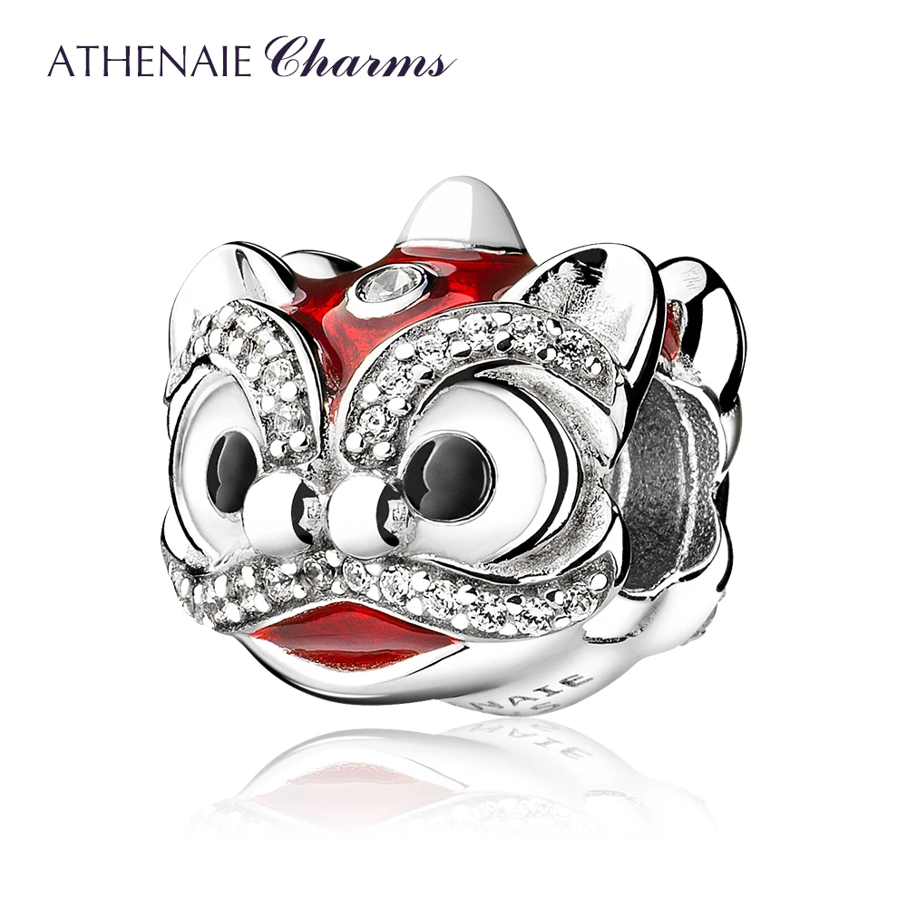ATHENAIE, 925 пробы, серебро, прозрачный CZ, Смешанная эмаль, китайский танец льва, амулеты, красные Эмалевые бусины, подходят для браслетов, подарки для женщин
