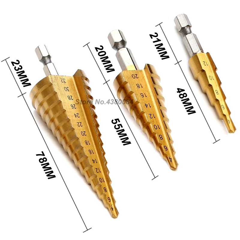 Набор ступенчатых Сверл из быстрорежущей стали с титановым покрытием 3 шт. 4-32/20/12