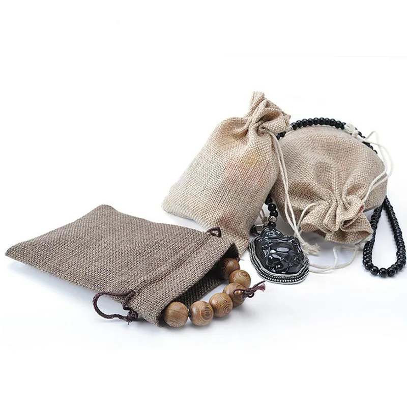 

50 Pack, Elegant Thick Linen Drawstring Jewelry Gift Packaging Bag Pouch, 3 Sizes Beige Coffee Accessories Wedding Party Pouch