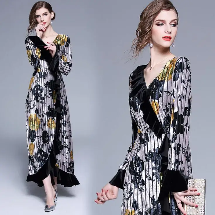Женское модельное платье макси элегантное с V-образным вырезом длинным рукавом и