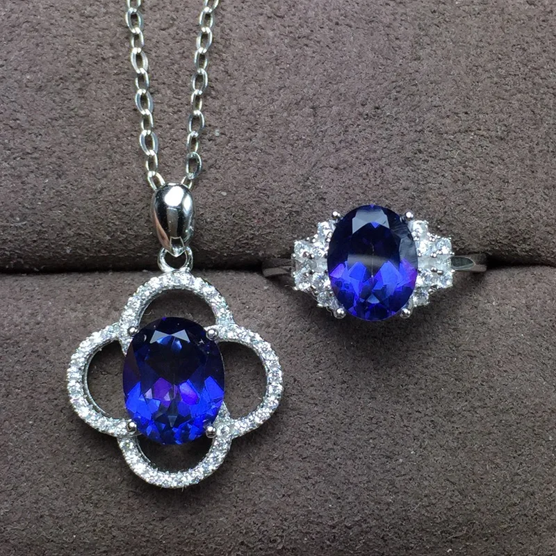 

KJJEAXCMY boutique jewels 925 sterling silver inlaid natural blue topaz pendant + necklace + ring set new outfit chrysanthemum o