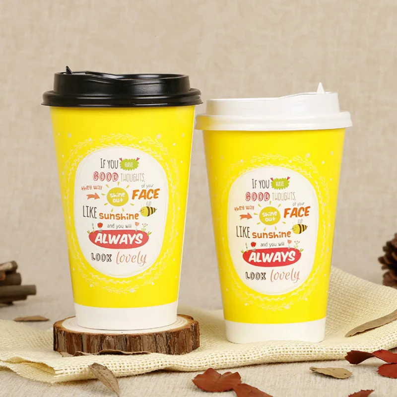 Cup and black lid1 50 шт. креативные Мультяшные одноразовые кофейные стаканчики 500 мл, упаковочные стаканчики для сока, напитков, вечерние бумажные стаканчики с черными крышками - Цвет: Cup and black lid1