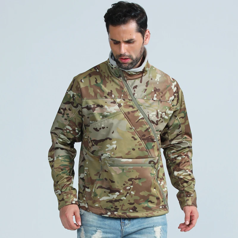 Мужская Флисовая камуфляжная куртка теплая флисовая с капюшоном Мультикам на