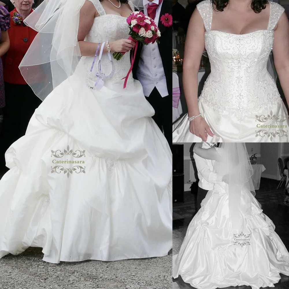 

Plus Size Women Ball Gown Wedding Dresses Sweetheart Neckline Chapel Train Taffeta / Satin Bride Gowns with Beadings Crystals