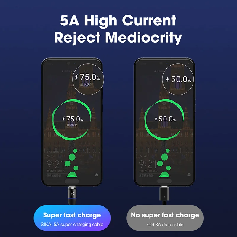 Магнитные телефонные кабели 1 м для iphone Huawei Mobile 5A 3A Сверхбыстрая зарядка QC 4 0 3 в SIKAI