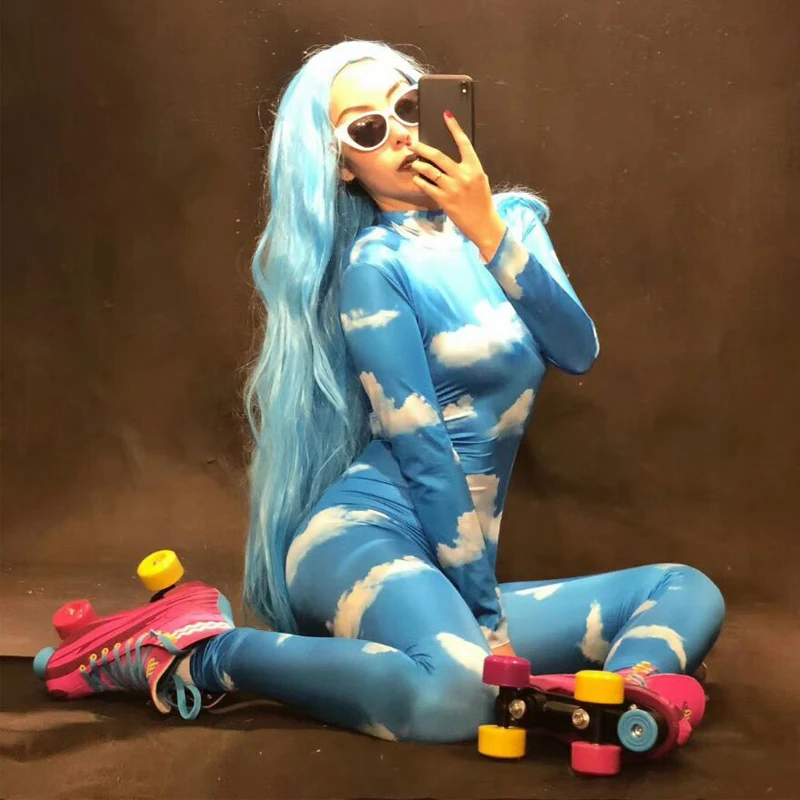 Синий Облегающий костюм с принтом Zentai боди сексуальный для леди вечерние Gogo DS Club