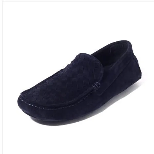 Dark Blue Плетеные замшевые туфли из нубука в британском стиле; мужские тканые Лоферы без застежки из натуральной кожи; мокасины на плоской подошве для вождения; дышащие зеленые - Цвет: Dark Blue