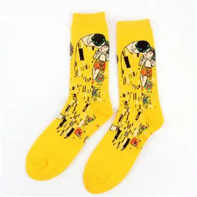 W029 Yellow Kiss Осень-зима, новинка, 3D Ретро стиль, художественные носки, унисекс, для женщин и мужчин, забавные, новинка, звездная ночь, винтажные носки, масляные, счастливые носки, хит - Цвет: W029 Yellow Kiss