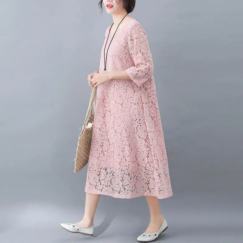 Женское платье большого размера розовое белое черное с о вырезом длинное летнее