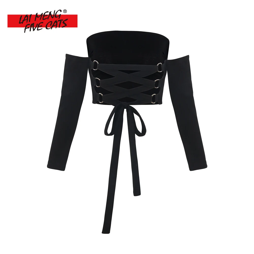 LMFC Slash Neck Cropped t shirt women tees tight Sexy t-shirt Spring Summer 2018 New Fashion Back Cross lace up tops shirts Женская