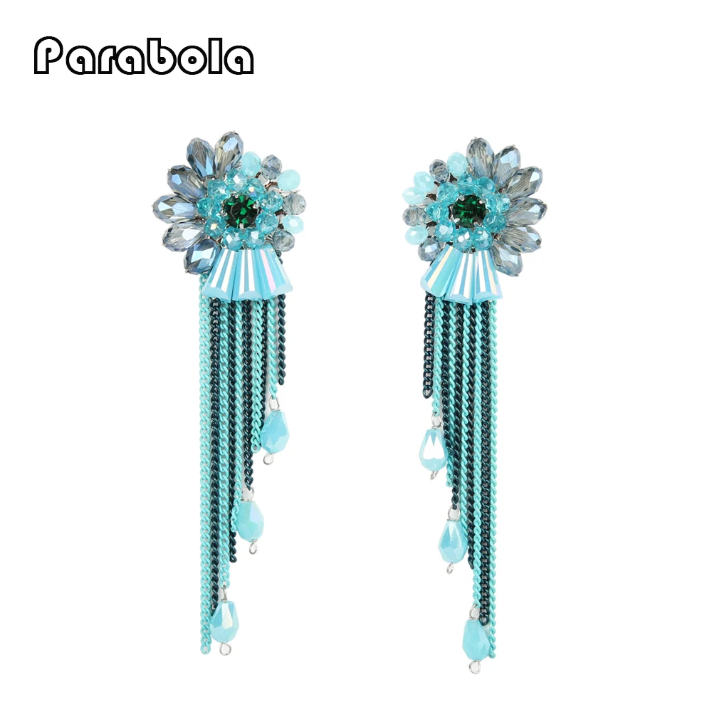 Парабола Boho Цветочные Формы Долго Кисточкой Бирюзовый Серьги Стержня с Кристалл