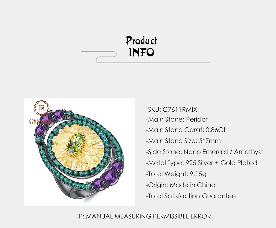 GEM'S балет 0.86Ct натуральный перидот кольца с подсолнечником 925 пробы серебро ручной работы палец кольцо для женщин Bijoux ювелирные изделия
