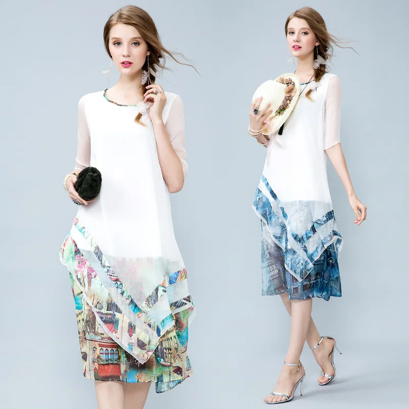 Women's Clothing Silk Dress Printing A-Line Half Sleeve O-Neck Fashion European Style Summer Elegant Slim Vestido 2017 | Женская