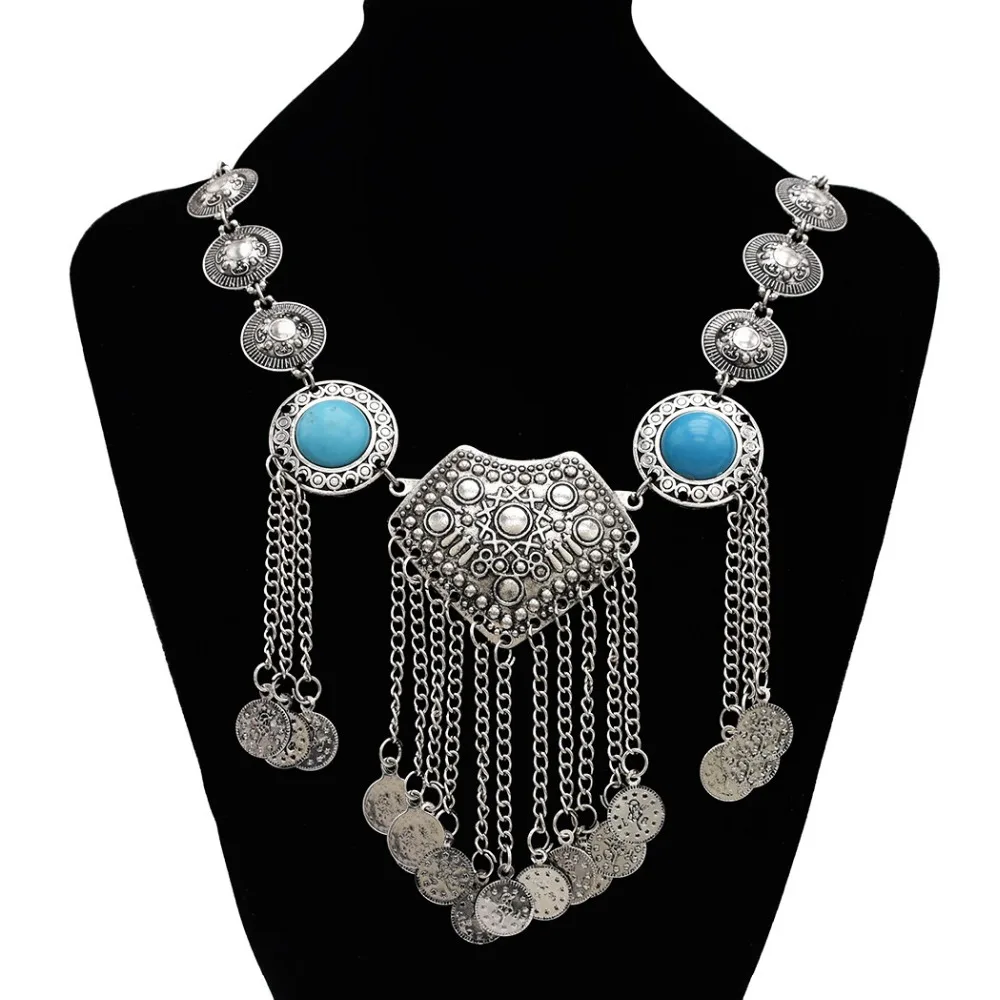 

Gypsy Dnacer Bohemian Vintage Plated Inlay Acrylic Stone Chokers Necklaces Coins Tassel Pendant Waist Chain Women Jewelry