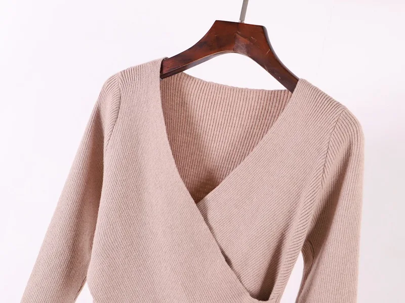 ONLYSVTER Sexy V Neck Wrap Women Pullover Sweaters Autumn Winter Long Sleeve Soft Casual Jumper Ribbed Knitted Pull Top Femme