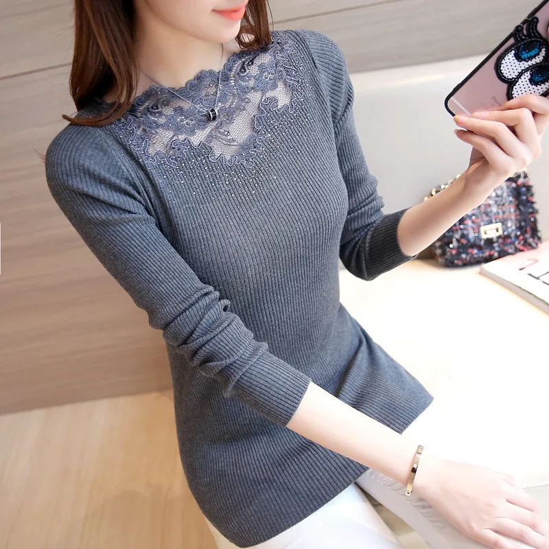 Women Pullover Sweater Mujer 2021 New Autumn Winter Casual Slash Neck Knitted Top Long Sleeve Sexy Lace Basic Sweaters | Женская одежда