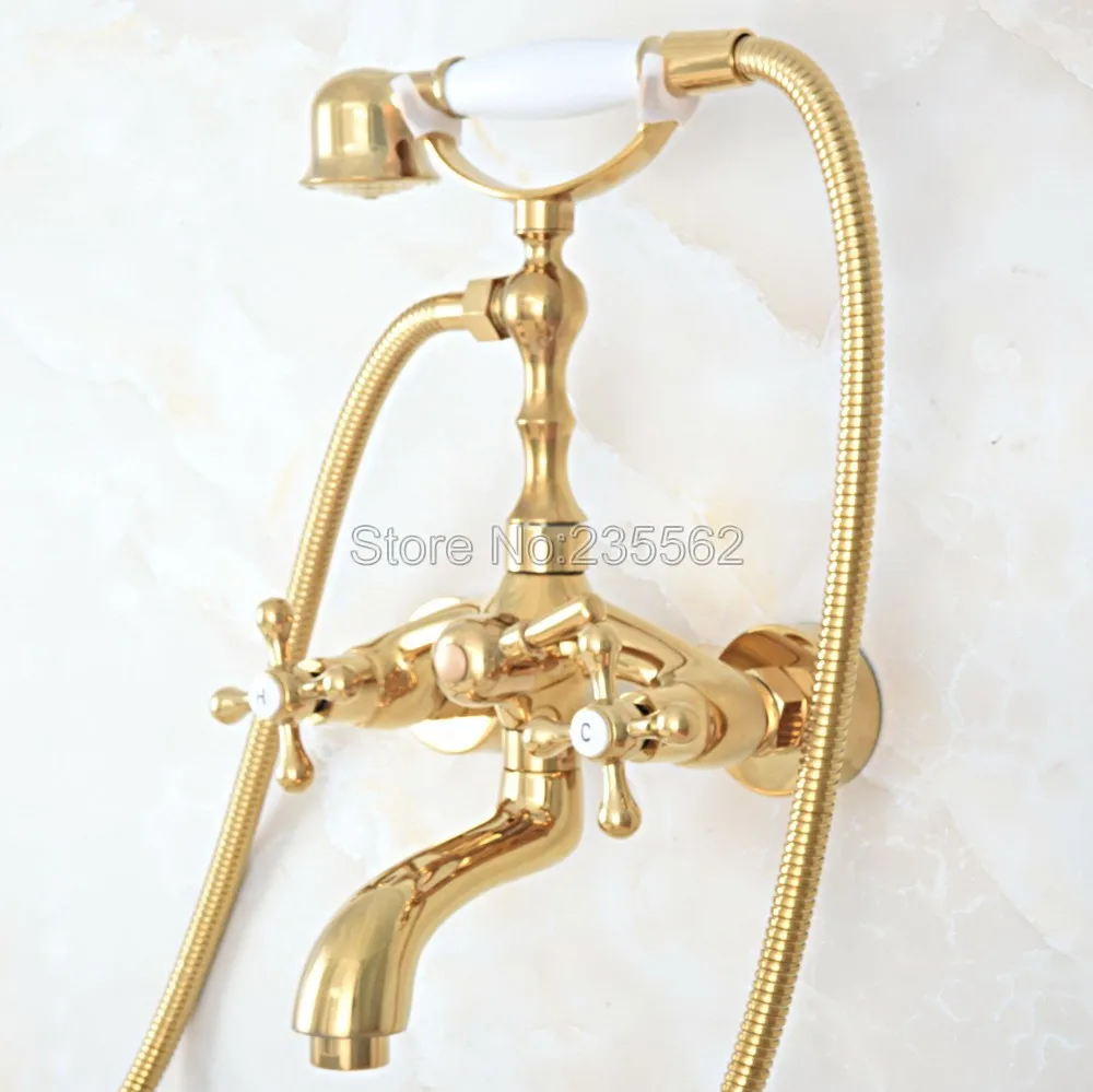 Luxury Gold Color Brass Bath Shower Faucet Set Dual Handle Wall Mounted Clawfoot Tub Mixer Tap lna801 | Обустройство дома