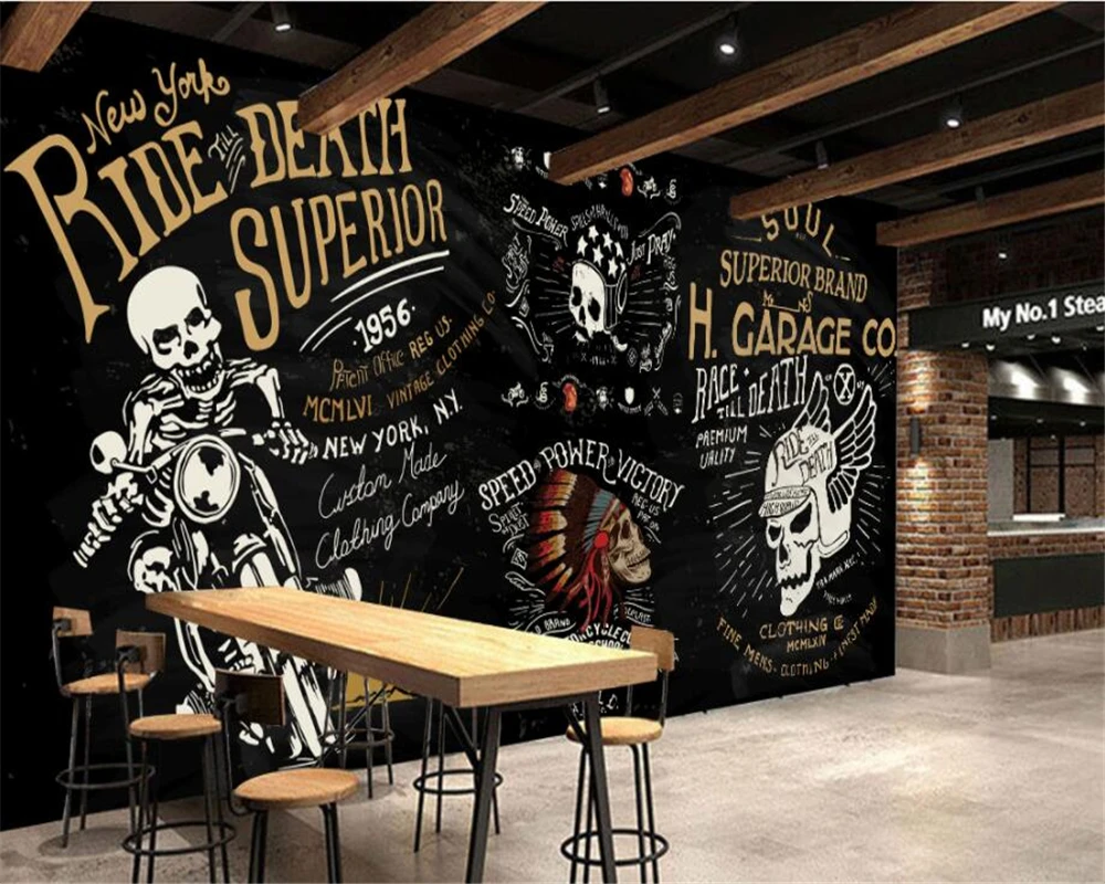 Обои на заказ Европейский и американский мотоцикл череп бар KTV граффити фотообои