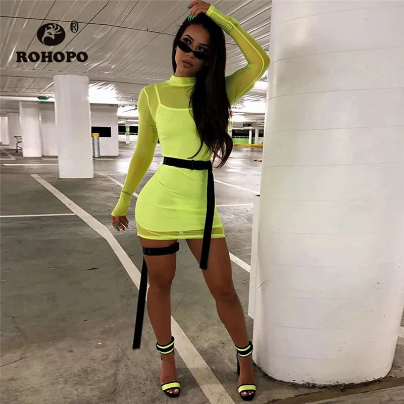 ROHOPO Double Layers Women Long Sleeve Mesh Dress Turtleneck High Waist Sheathe Sexy Woman Mini Solid Dresses | Женская одежда