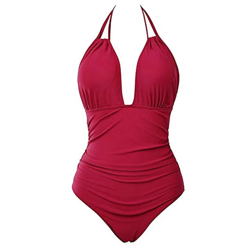 2019 Summer Beach Sexy Female One Piece Swimsuit Vintage Women Swimwear Swim Wear Solid Bandage Monokini Bathing Suit Black Red |