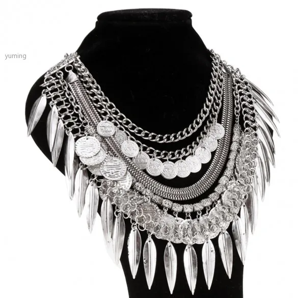 Hot Sell Vintage Necklaces Ethnic Jewelry Carving Flower Letter Round Gold/Silver Coin tassels Choker necklaces 36 | Украшения и